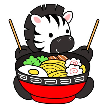 Çocuklar için Zebra karakter klipsi sanatının boyama kitabı. Zebranın ana hatları ramen yemek istiyor.