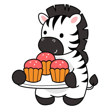 Çocuklar için Zebra karakter klipsi sanatının boyama kitabı. Zebra ana hatlarıyla üç tane kek getir.