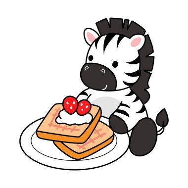 Çocuklar için Zebra karakter klipsi sanatının boyama kitabı. Zebra çizgisi çilekli ekmek getirir.