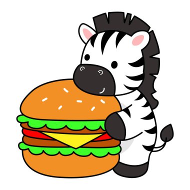 Çocuklar için Zebra karakter klipsi sanatının boyama kitabı. Zebra çizgisi. Hamburger getir.