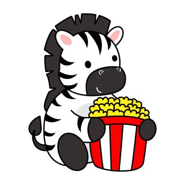 Çocuklar için Zebra karakter klipsi sanatının boyama kitabı. Zebra çizgisi patlamış mısır getiriyor.