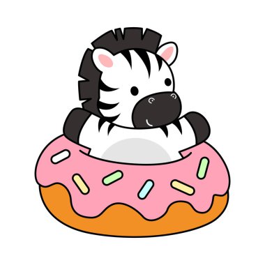 Çocuklar için Zebra karakter klipsi sanatının boyama kitabı. Çöreğe sıkışmış zebranın ana hatları