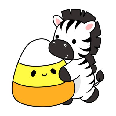 Çocuklar için şirin Zebra karakter vektörü Cadılar Bayramı klip sanatı boyama kitabı. Zebranın ana hatları sarı şeker getirir.