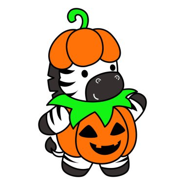 Çocuklar için şirin Zebra karakter vektörü Cadılar Bayramı klip sanatı boyama kitabı. Cadılar bayramında balkabağı kostümü giyen zebra çizgisi