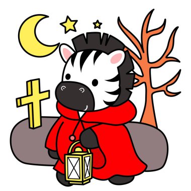 Çocuklar için şirin Zebra karakter vektörü Cadılar Bayramı klip sanatı boyama kitabı. Kapüşonlu bir zebra mezardan içeri giriyor.