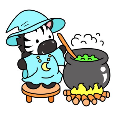 Çocuklar için şirin Zebra karakter vektörü Cadılar Bayramı klip sanatı boyama kitabı. Cadı kostümü giyen ve yeşil iksir pişiren zebranın ana hatları