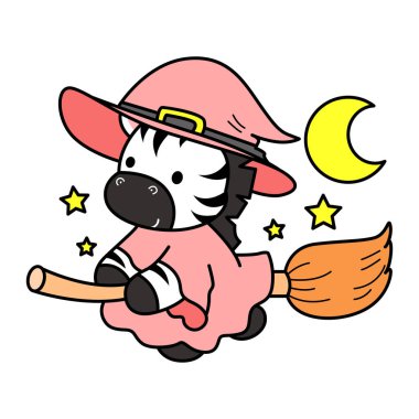 Çocuklar için şirin Zebra karakter vektörü Cadılar Bayramı klip sanatı boyama kitabı. Cadı kostümü giyen zebra çizgisi