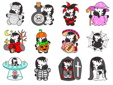 Çocuklar için şirin Zebra karakter vektörü Cadılar Bayramı klip sanatı boyama kitabı. Mutlu cadılar bayramında zebranın ana hatları