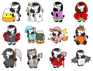 Çocuklar için Zebra karakter klipsi sanatının boyama kitabı. Cadılar bayramı kostümünde zebranın ana hatları