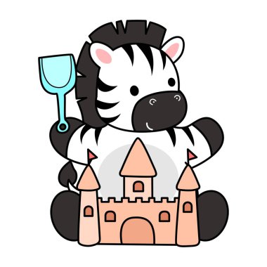 Çocuklar için şirin Zebra karakteri klipsi resimleri. Zebra kumdan bir kalede oynuyor