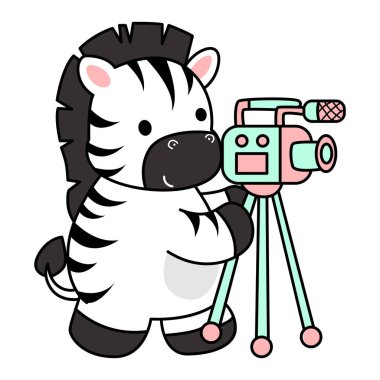 Çocuklar için şirin Zebra karakteri klipsi resimleri. Zebra kamerayla video çekiyor