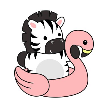 Çocuklar için şirin Zebra karakteri klipsi resimleri. Zebra flamingo lastiğine takıldı.