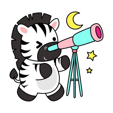 Çocuklar için şirin Zebra karakteri klipsi resimleri. Zebra Ay 'ı teleskopla görüyor