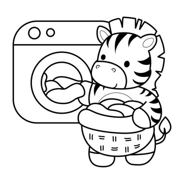 Çocuklar için Zebra karakter klipsi sanatı boyama kitabı. Çamaşır makinesinde çamaşır yıkayan zebranın ana hatları.