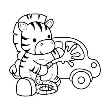 Çocuklar için Zebra karakter klipsi sanatı boyama kitabı. Bir arabayı yıkayan zebranın ana hatları.