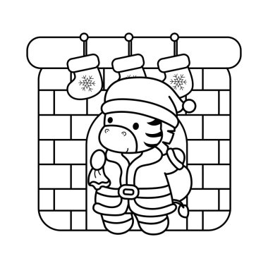 Noel temalı çocuklar için şirin Zebra karakter klip sanatı boyama kitabı. Zebranın şöminedeki ana hatları.