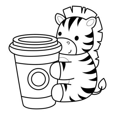 Çocuklar için Zebra karakter klipsi sanatının boyama kitabı. Zebra çizgisi bir fincan kahve getir.