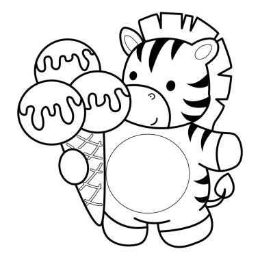 Çocuklar için Zebra karakter klipsi sanatının boyama kitabı. Zebranın ana hatları üç top dondurma getiriyor.