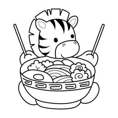 Çocuklar için Zebra karakter klipsi sanatının boyama kitabı. Zebranın ana hatları ramen yemek istiyor.