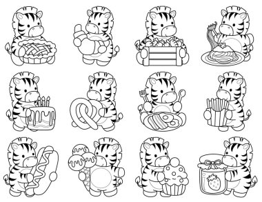 Çocuklar için Zebra karakter klipsi sanatının boyama kitabı. Zebranın ana hatları abur cubur ve tatlı çeşitleri.