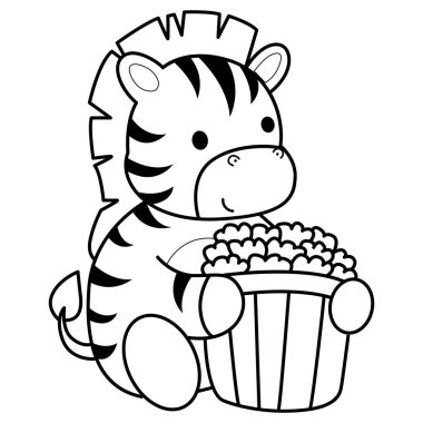 Çocuklar için Zebra karakter klipsi sanatının boyama kitabı. Zebra çizgisi patlamış mısır getiriyor.