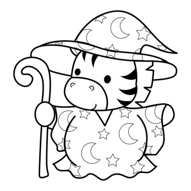 Cadılar Bayramı temalı çocuklar için şirin Zebra karakter klip sanatı boyama kitabı. Cadı kostümü giyen zebra çizgisi