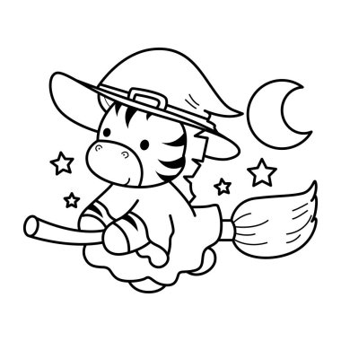 Cadılar Bayramı temalı çocuklar için şirin Zebra karakter klip sanatı boyama kitabı. Cadı kostümü giymiş zebra çizgisi ve süpürge sopası.