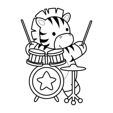 Çocuklar için Zebra karakter klipsi sanatının boyama kitabı. Grupta davul çalan zebranın taslağı