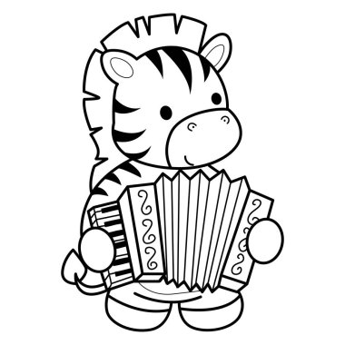 Çocuklar için Zebra karakter klipsi sanatının boyama kitabı. Akordeon çalan zebranın ana hatları