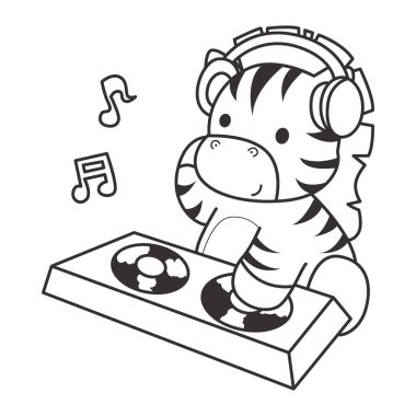 Çocuklar için Zebra karakter klipsi sanatının boyama kitabı. Kulüpte disk çalan zebranın ana hatları