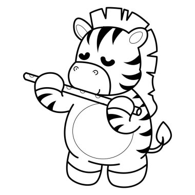 Çocuklar için Zebra karakter klipsi sanatının boyama kitabı. Flüt çalan zebranın ana hatları