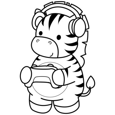 Çocuklar için Zebra karakter klipsi sanatının boyama kitabı. Bir oyun oynayan zebranın ana hatları