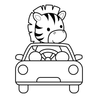 Çocuklar için Zebra karakter klipsi sanatının boyama kitabı. Araba süren zebranın ana hatları.