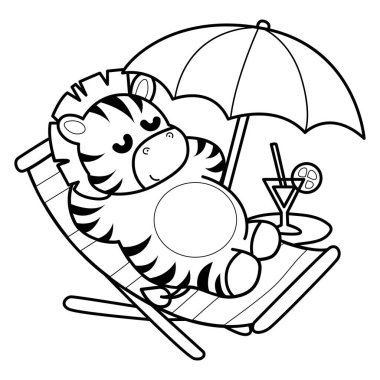 Çocuklar için Zebra karakter klipsi sanatının boyama kitabı. Sahilde yatan zebranın ana hatları.