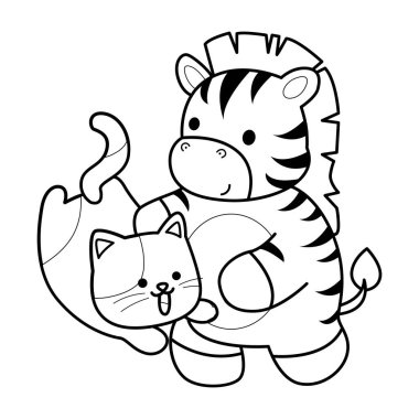 Çocuklar için Zebra karakter klipsi sanatının boyama kitabı. Kedi yavrusuyla oynayan zebranın ana hatları