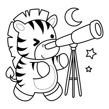 Çocuklar için Zebra karakter klipsi sanatının boyama kitabı. Zebranın ana hatları gökyüzünü teleskopla görüyor