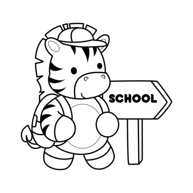 Çocuklar için Zebra karakter klipsi sanatının boyama kitabı. Zebranın ana hatları okula gitmek istiyor.