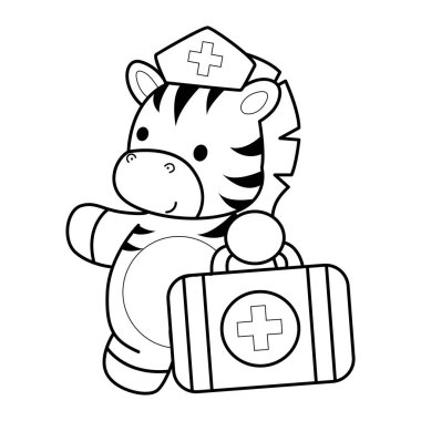 Çocuklar için Zebra karakter klipsi sanatının boyama kitabı. Zebra çizgisi ilk yardım çantasını getir.