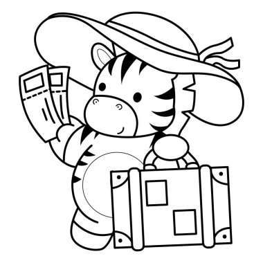 Çocuklar için Zebra karakter klipsi sanatının boyama kitabı. Zebra çizgisi Bir seyahat çantası getir