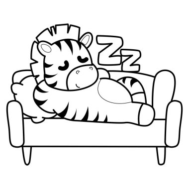 Çocuklar için Zebra karakter klipsi sanatının boyama kitabı. Kanepede yatan zebranın ana hatları.