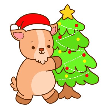 Şirin keçi hayvan simgesi çıkartmaları. Noel ağacı olan keçi.