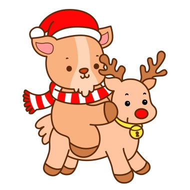 Şirin keçi hayvan simgesi çıkartmaları. Ren geyiğine binen keçi