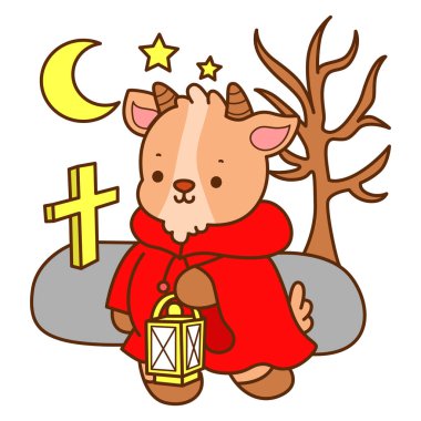 Sevimli keçi hayvan ikonu Cadılar Bayramı çıkartmalarının renkli sayfaları. Keçi Çizgisi