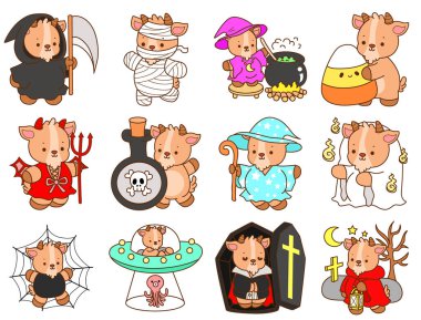 Sevimli keçi hayvan ikonu Cadılar Bayramı çıkartmalarının renkli sayfaları. Keçi Çizgisi