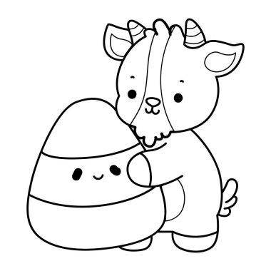 Sevimli keçi hayvan ikonu Cadılar Bayramı çıkartmalarının renkli sayfaları. Keçi Çizgisi