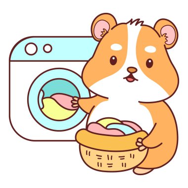 Aktiviteli şirin bir hamster çıkartması. Turuncu ve beyaz renkler. Hamster çamaşır makinesindeki çamaşırları temizliyor.