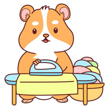 Aktiviteli şirin bir hamster çıkartması. Turuncu ve beyaz renkler. Hamster elbiseleri ütülüyor.