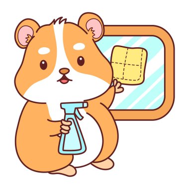 Aktiviteli şirin bir hamster çıkartması. Turuncu ve beyaz renkler. Hamster pencereyi sil