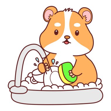 Aktiviteli şirin bir hamster çıkartması. Turuncu ve beyaz renkler. Hamster lavabodaki tabağı temizliyor.