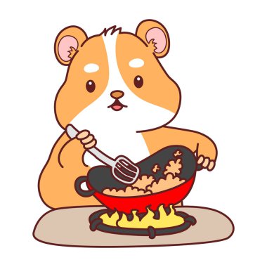 Aktiviteli şirin bir hamster çıkartması. Turuncu ve beyaz renkler. Hamster pilav pişiriyor.